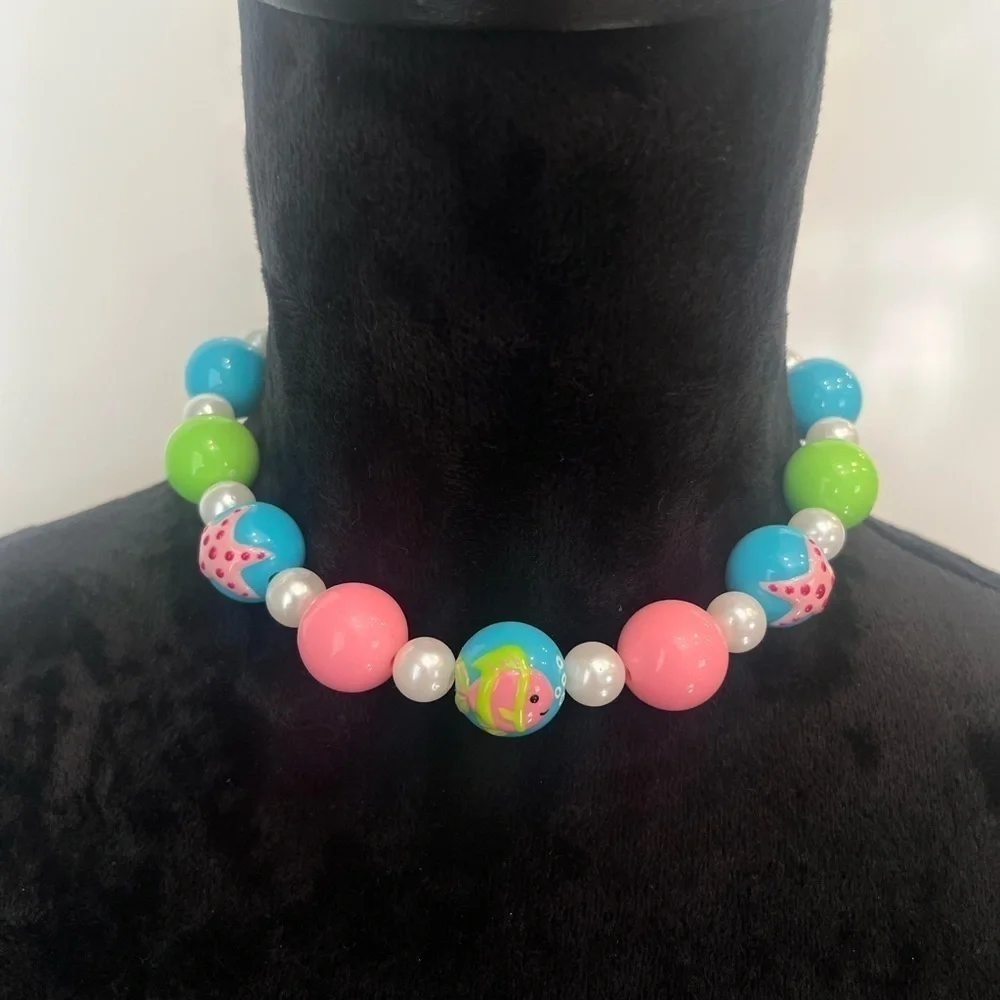Pink and Blue Beaded Jewelry Necklace